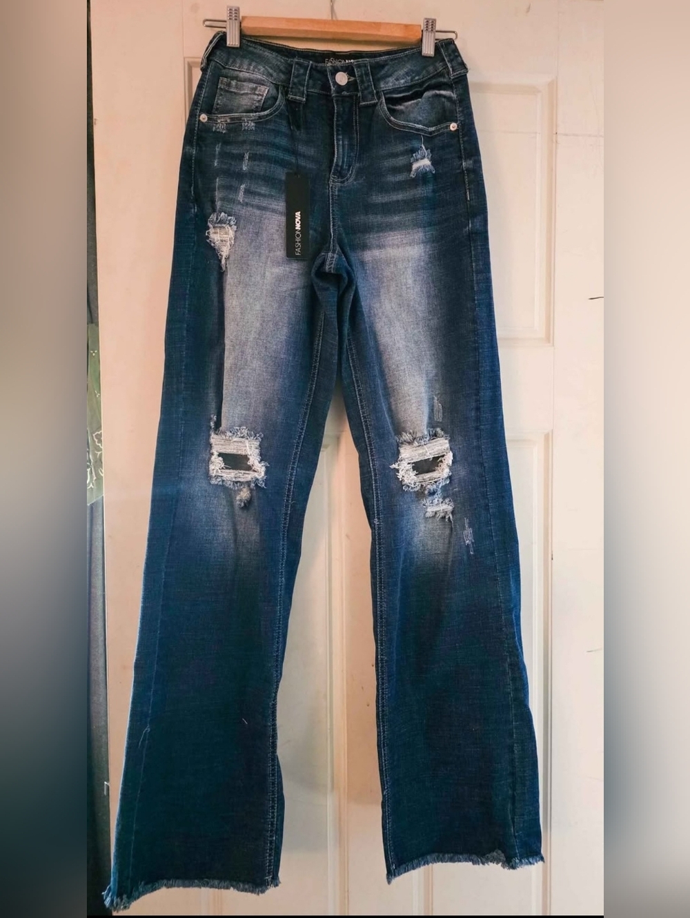 Fashion Nova Distressed Dark Blue Flare Jeans